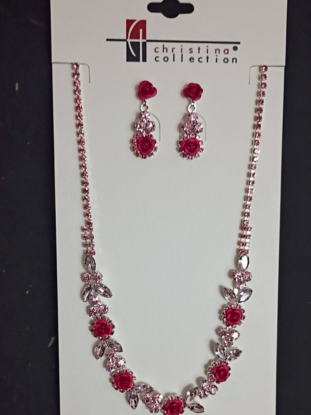 Pink Rose Crystal Necklace and Earring Set